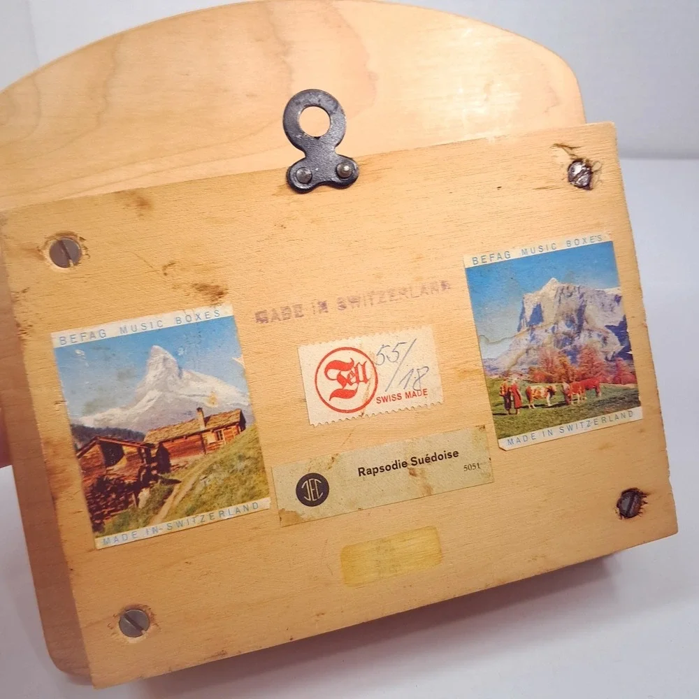 Vintage Befag music box Wood toilet paper holder floral Switzerland Rapsodie Sue